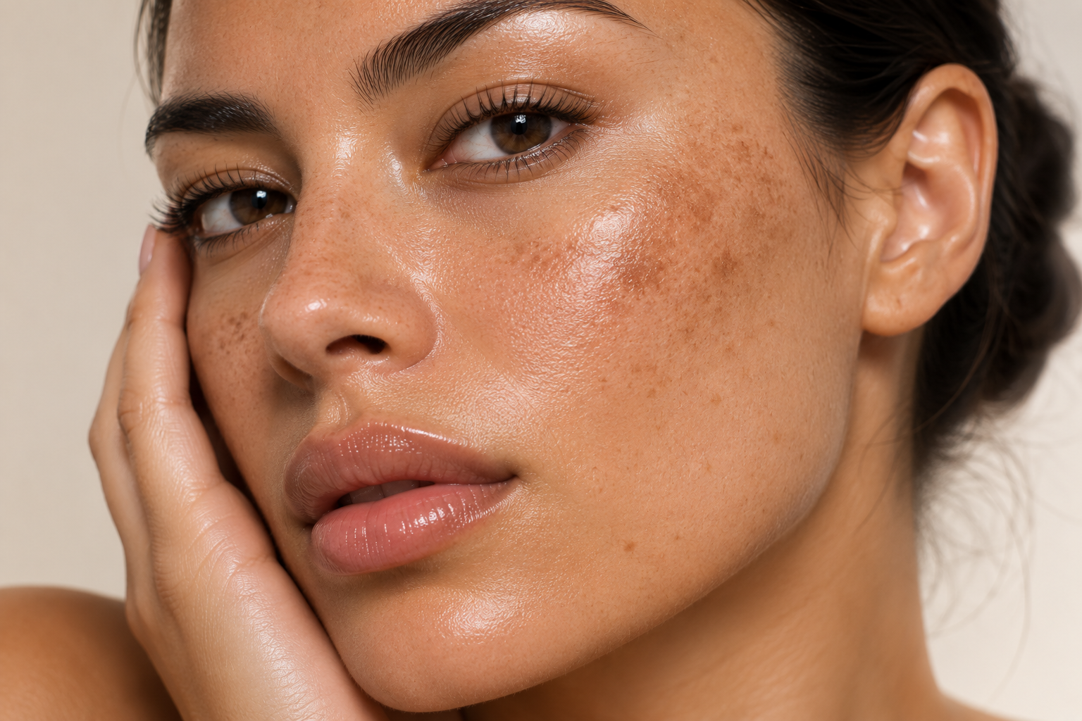 Close-up of a woman with facial pigmentation, including dark spots and uneven skin tone on the cheeks, photographed in soft natural light against a neutral background.