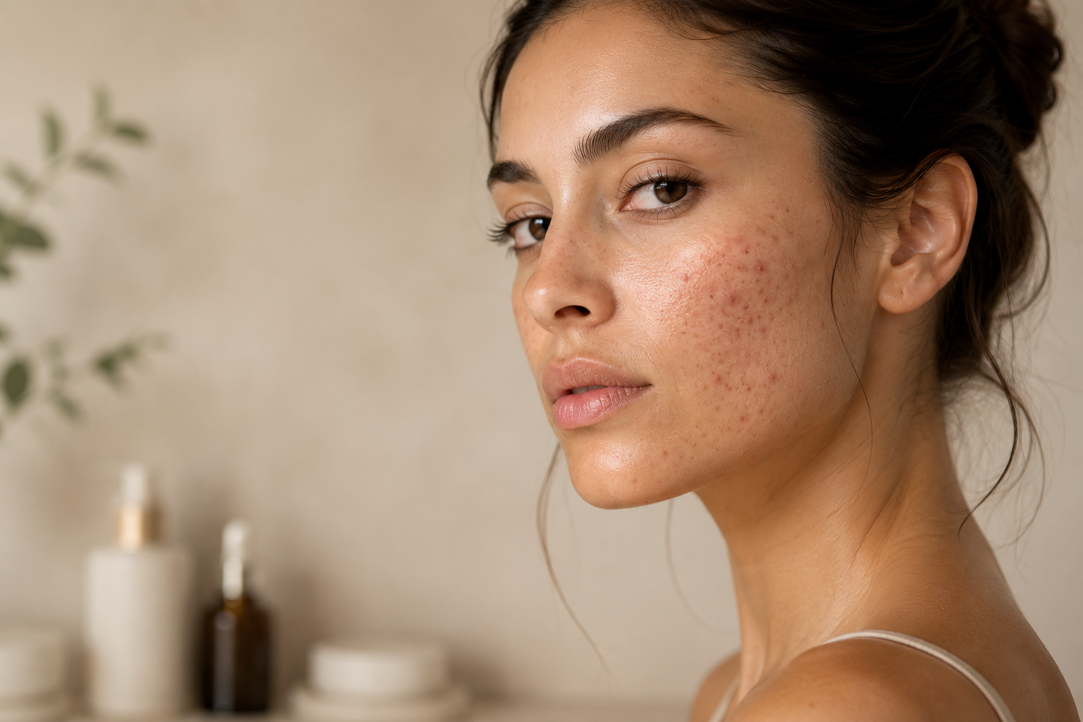 Young woman with mild to moderate acne on her cheek against a soft beige background, illustrating the complete guide to acne, including causes, types, treatments and prevention.