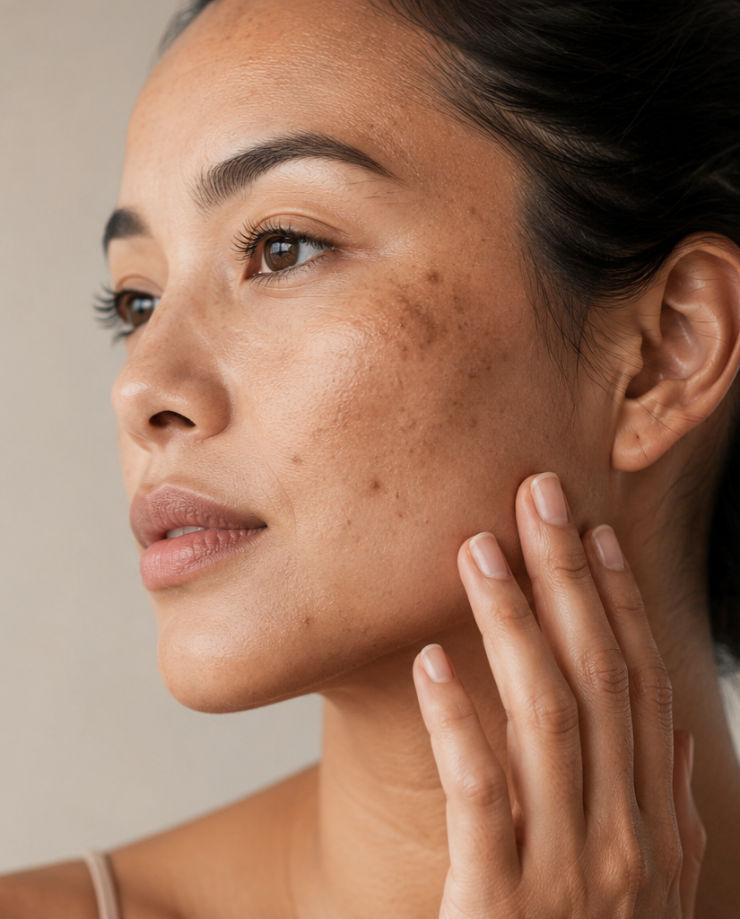 Woman with visible facial pigmentation and uneven skin tone