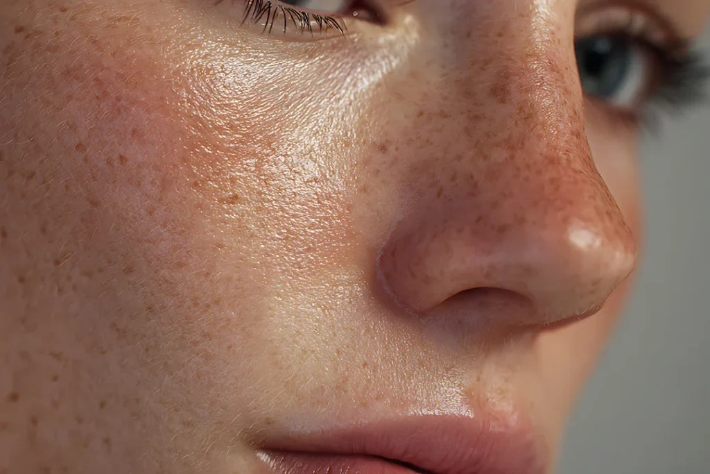 Woman with freckles, dark spots and areas of uneven facial pigmentation