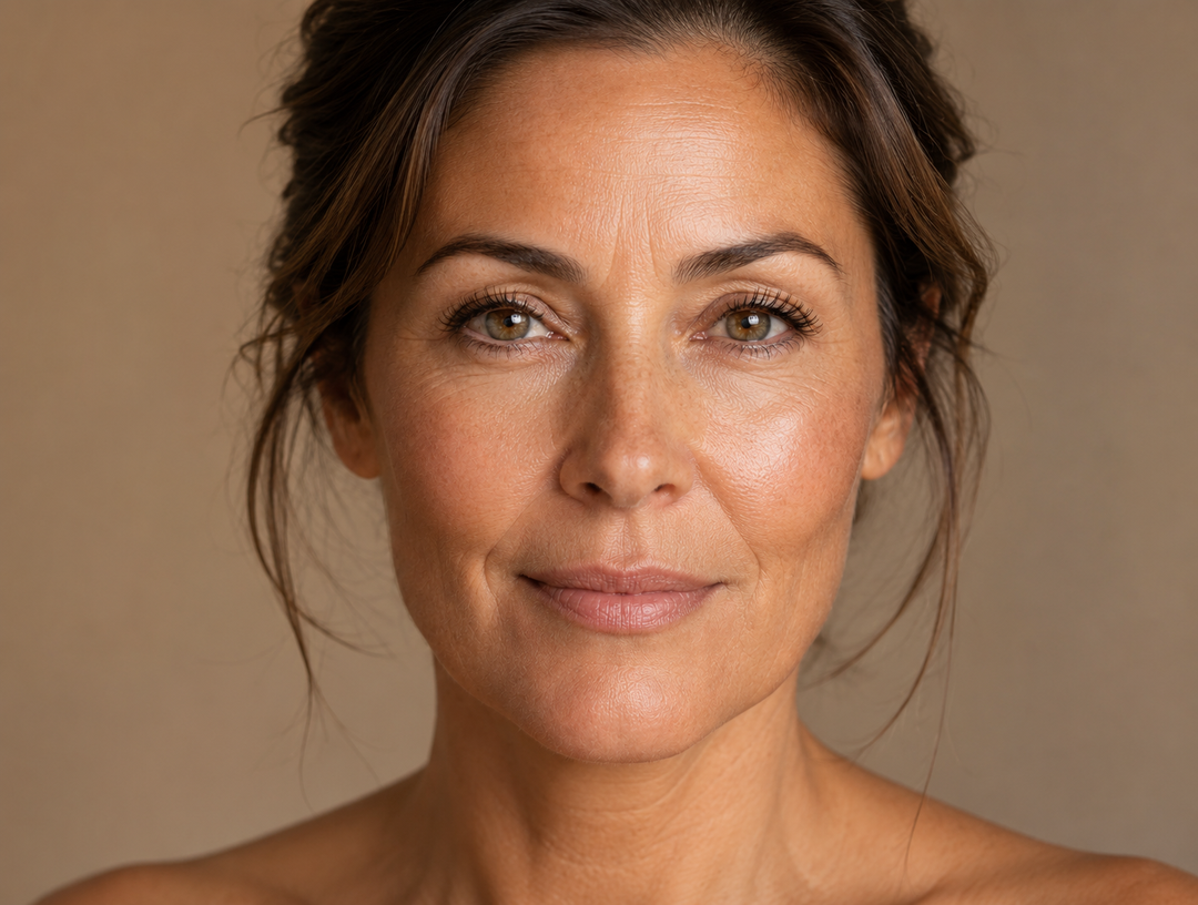 Woman showing menopause skin changes including fine lines, dryness, pigmentation and uneven texture.