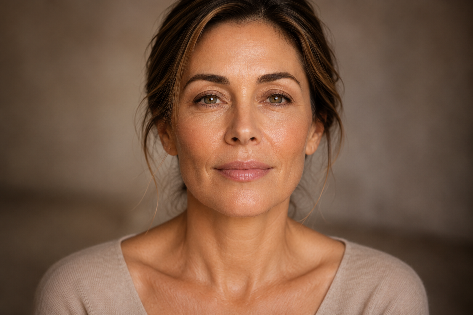 Woman showing visible menopause skin changes including fine lines, dryness, pigmentation and uneven texture.